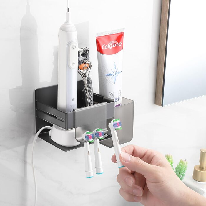 Тримач для зубної щітки OETAMS Тримач для електричної зубної щітки з 2 аксесуарами для ванної кімнати, тримач для зубної щітки з нержавіючої сталі Настінний самоклеючий тримач для зубної щітки Чорний тримач для насадок для щіток без свердління