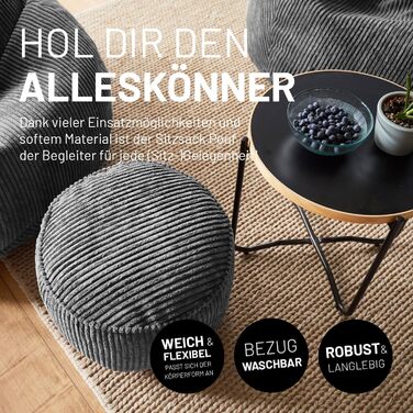 Пуф-мішок Lumaland Corduroy Компактний ігровий пуф об&39ємом 50 літрів з функцією 3-в-1 зручний стілець, практичний бічний столик та стильна підставка для ніг для приміщень Ø 25 x 45 см Сірий 25 x 45 см Сірий