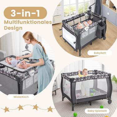 Складане дитяче ліжечко COSTWAY 3 в 1, 2-рівневе дорожнє ліжечко зі складним матрацом, пеленальний килимок, музичний мобіль, ігрова арка та сумка для перенесення, бічний ліжечко з колесами для дитини до 3 років (темно-сірий)