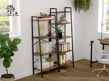 Дубова та чайна полиця, 5-ярусна книжкова шафа, окремостояча полиця, полиця-драбина, 172 см, відкриті вузькі полиці, сталевий каркас, промисловий дизайн, для офісу, кабінету, вітальні, спальні, вінтажний коричнево-чорний рустикальний коричневий