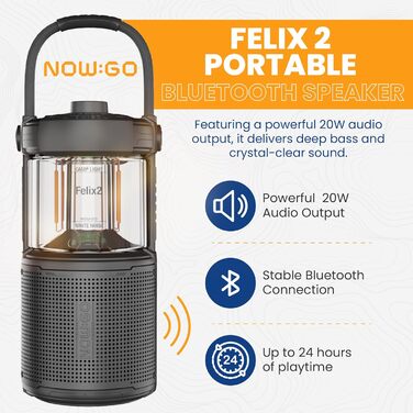 Ліхтар-динамік Felix 2 - Надихаючий Bluetooth-динамік зі світлом, Вуличний динамік, Світлодіодний вуличний ліхтар, Ліхтар для кемпінгу, Вуличний Bluetooth-динамік для пригод, Чорний