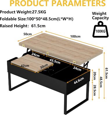Розсувний журнальний столик з регульованою висотою, шухлядами та відкритим відділенням, коричнево-чорний, легкий підйом та закриття, більші приховані відділення