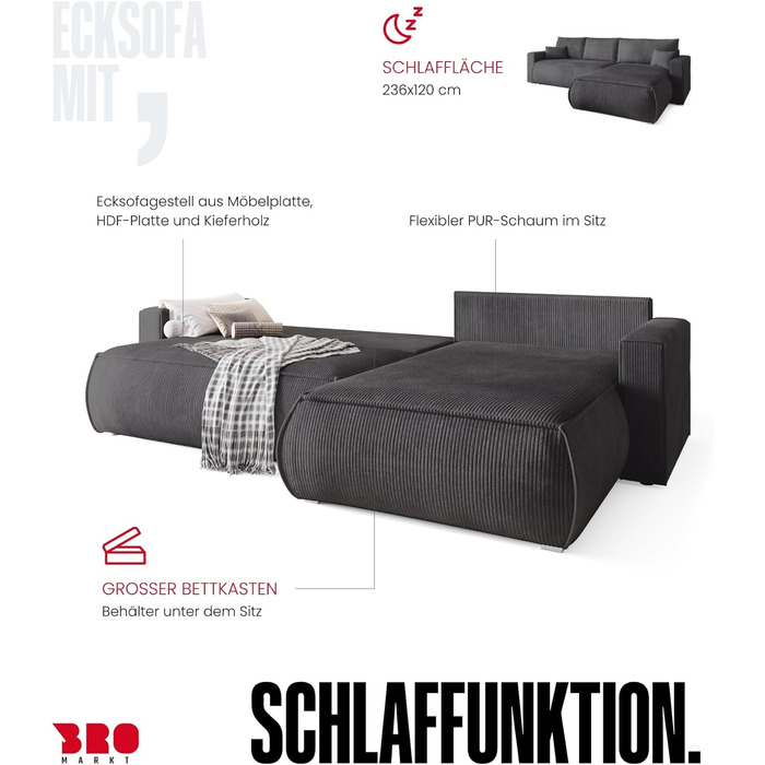 Диван з функцією сну, диван L, засіб для чищення оббивки, диван-ліжко з місцем для зберігання, розкладний диван для вітальні, окремостоячий диван, диван Havana Relax, 3-місний, 270x173x80 см, сірий