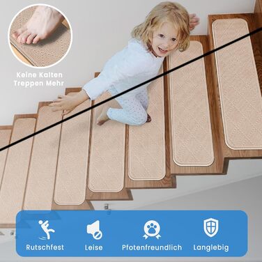 Килимки для сходів 76x20 см, самоклеючі килимки для внутрішніх сходів, 15 шт. , протиковзкі, ріжучі, багаторазові, для захисту домашніх тварин, людей похилого віку та дітей (бежевий)