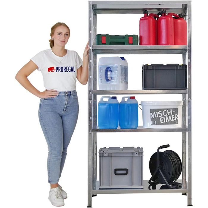 Надміцний стелаж з металевими полицями, ВxШxГ 180x90x40 см, 5 рівнів, навантаження на полицю 125 кг, оцинкований, металевий, металевий стелаж, кухонний стелаж, стелаж для підвалу, стелаж без болтів, гаражний стелаж, стелаж для зберігання, 180x90x40 см, оц