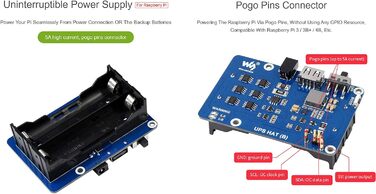 ДБЖ Waveshare має модуль безперебійного живлення 5 В для Raspberry Pi 4B/3B/3B, струм до 5 А, роз'єм Pogo Pins, бортові схеми захисту ESC 5 В і кілька акумуляторів, шину I2C ДБЖ HAT (B) (ЄС)