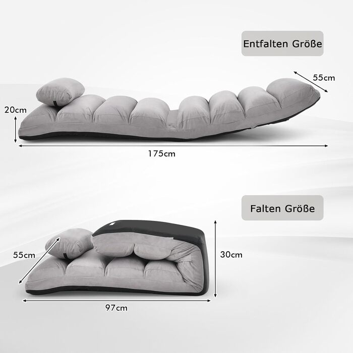 Складаний реклайнер, підлогове крісло з регульованою спинкою, шезлонг з функцією сну, підлоговий диван, підлогове крісло для ігор, сну, читання, сірий