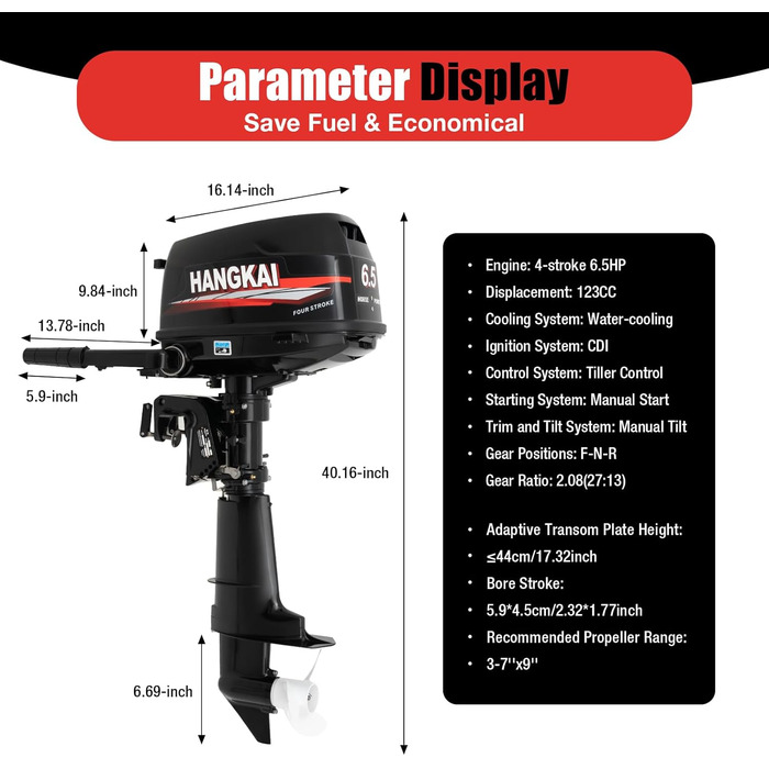 Чотиритактний підвісний мотор потужністю 6,5 к.с., потужний човновий двигун об&39ємом 123 куб.см з водяним охолодженням та системою запалювання CDI, рульове керування, безступінчаста трансмісія (CVT), 5000-6000 об/хв