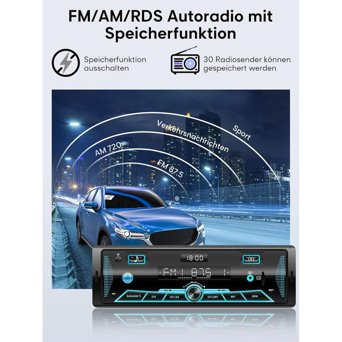 Автомобільна стереосистема RDS Bluetooth для 9-24 В, FM/AM Автомобільна стереосистема з Bluetooth Hands-free, 7 кольорів Радіо з пультом дистанційного керування MP3-плеєр Радіо2 USB/Незалежний годинник/SD/AUX(різнокольоровий)