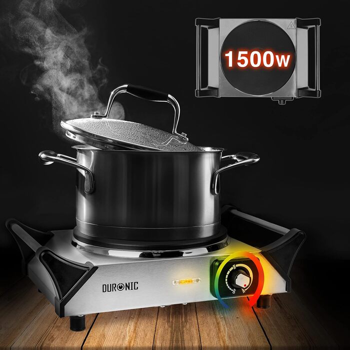 Гаряча плита Duronic HP1 SS електрична одинарна конфорка Плита Варильна поверхня з нержавіючої сталі нержавіюча сталь плавно регульована температура Ручки для перенесення 1500 Вт Кемпінг