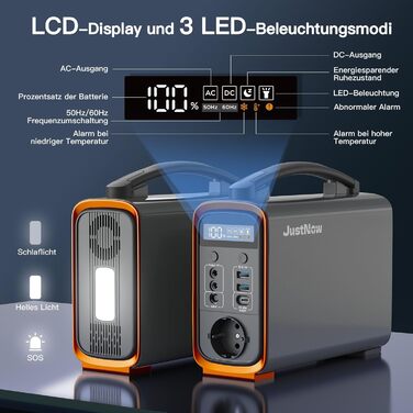 Портативна електростанція JustNow 240 Вт/240 Втгод, мобільний накопичувач енергії LiFePO4 з виходом AC/DC/USB/PD 60 Вт, сонячний генератор для кемпінгу, використання на свіжому повітрі, для автофургонів, надзвичайних ситуацій, резервного копіювання вдома