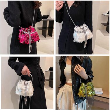 Блискуча вечірня сумочка-відерце з паєтками та металевою китицею. Сумка на шнурку, з ланцюжком, через плече. Чорний, синій.