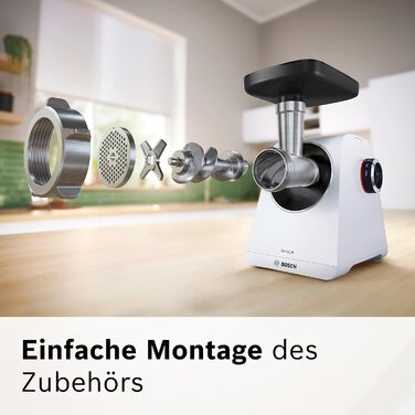 М'ясорубка Bosch MultiPower Serie 6 MFWS607W, 2 перфораційні решітки (4,5 та 8 мм), нержавіюча сталь, підходить для посудомийки, насадки для кеббе та ковбас, потужність 2100 Вт, біла