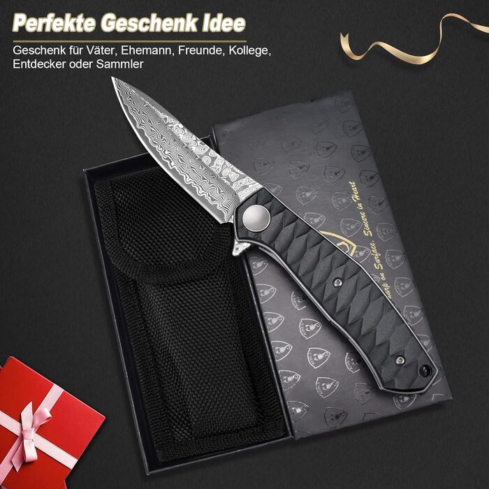 Кишеньковий ніж з дамаської сталі AUBEY з кліпсою, гострий дамаський ніж складний з лезом з дамаської сталі, фліпером, алюмінієвою