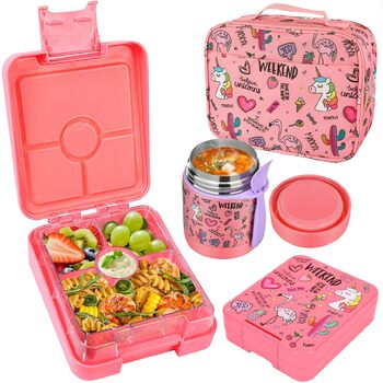 Набір для обіду Павтонґ з термосом для супу 284 мл, герметичні ланч-бокси з 4 відділеннями, дитячий термоконтейнер для їжі/ізотерм, сумка-холодильник, контейнер для харчування в школу, рожевий фламінго