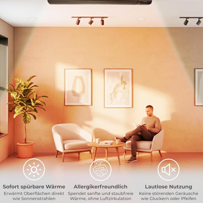 Інфрачервоний обігрівач KLAMER 2600 Вт WiFi радіаційний обігрівач із застосунком і таймером, кріплення на стелю та стіну, виявлення відкритого вікна, захист від перегріву, тихе радіаційне тепло для патіо, зимового саду та приміщень, чорний