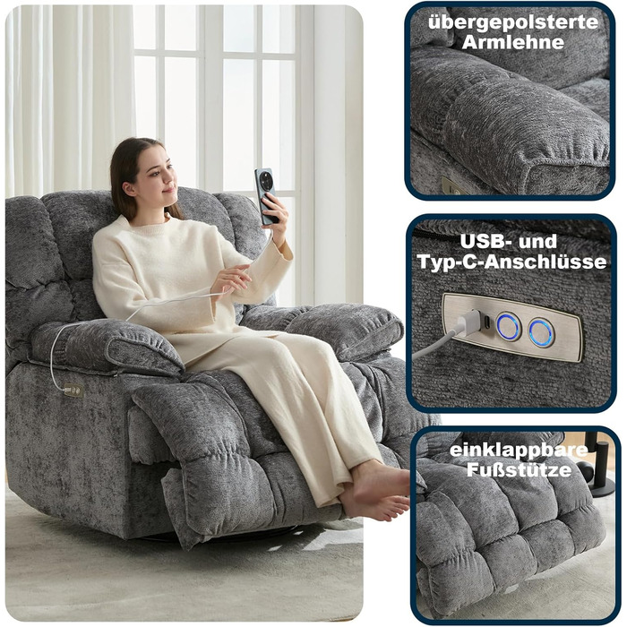 Крісло-гойдалка з функцією відкидання та гойдання, надзвичайно велике електричне крісло для телевізора, надзвичайно широке поворотне крісло-гойдалка, електрично регульований кут нахилу 90-140, порти USB та Type-C, сірий