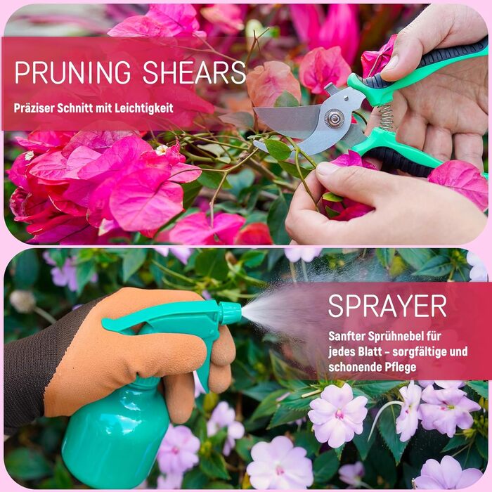 Набір садових інструментів Gartenwerk, 11 предметів, нержавіюча сталь секатор, рукавички, сумка для квітів, розпилювач, килимок для пересадки рослин інструменти для саду в рожевому кольорі
