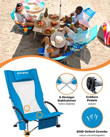 Низький складний пляжний стілець KingCamp, легкий, витримує до 180 кг, складний пляжний стілець із сітчастою спинкою, тримачем для напоїв та сітчастою кишенею, легкий складний кемпінговий стілець, складний стілець для пляжного кемпінгу Hr 2 шт., синє сітч