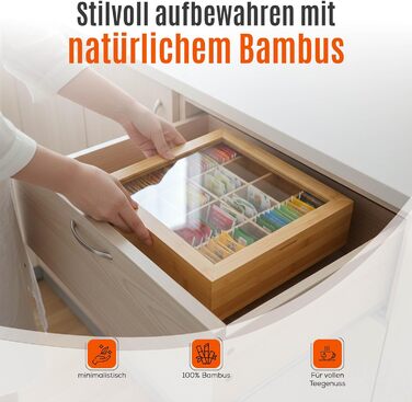 Бамбукова чайна коробка AH з 12 відділеннями коробка для зберігання чайних пакетиків з оглядовим віконцем та магнітною застібкою, ВШ 9 x 29 x 24 см, натуральний колір