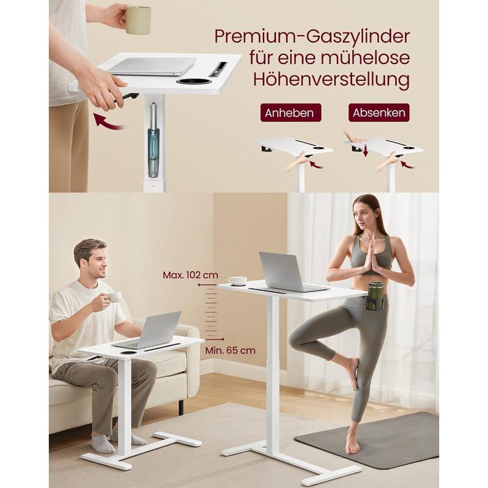 Журнальний столик VASAGLE з колесами, мобільний стоячий столик, стільниця 80 x 45 см, регульована висота, 2 підсклянники, відділення для мобільного телефону або планшета, хмарно-білий LSD601W01 80 x 45 см хмарно-білий