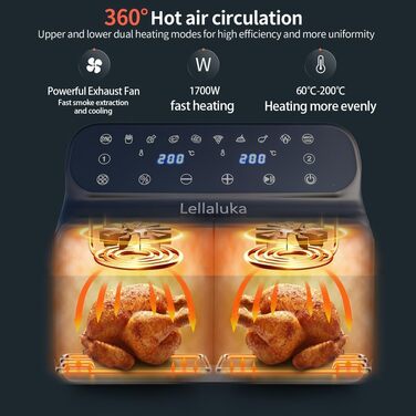 Двокамерна фритюрниця Lellaluka, фритюрниця, 2-камерна фритюрниця 8 л, яка може готувати одночасно з видимим вікном, сенсорним екраном і функцією зневоднення