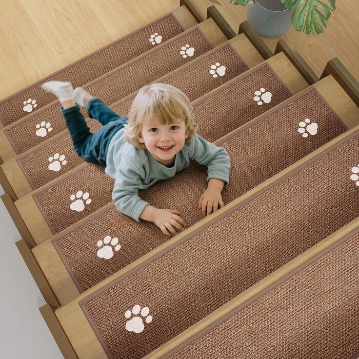 Сходинки для внутрішніх сходів, нековзні з гумовою основою, без залишків, підходять для дітей, людей похилого віку та домашніх тварин, можна прати в пральній машині, 20,3 x 76,2 см, коричневі