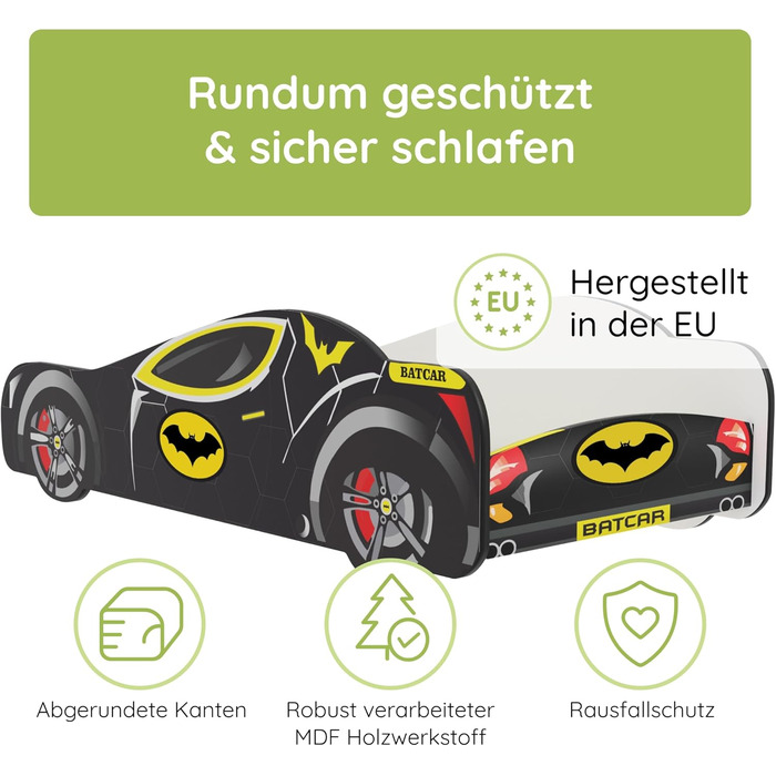 Дитяче ліжко-автомобіль Kids Collective 80x160 см із захистом від падіння Дитяче ігрове ліжко Бетмен, Бетмобіль, Бетменська машинка, чорного кольору, матрац опціонально Для дітей віком від 3 до 10 років, 80x160 см Матрац не входить до комплекту