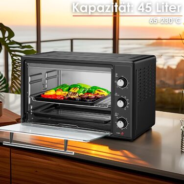 Міні-піч 45 літрів з конвекцією Електричний гриль 1800 Вт Конвекційна піч Піч для піци Внутрішнє освітлення З деком для випікання та решіткою для гриля Міні піч Мала духова шафа Міні піч