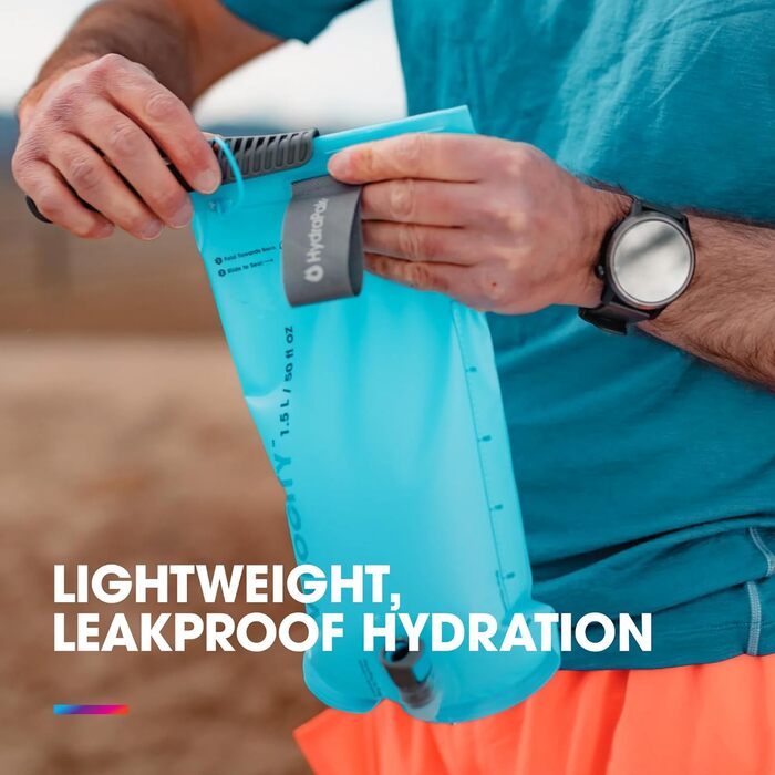 Гідратор HydraPak Velocity (1.5 л) Плоский резервуар для води Самогерметичний клапан для пиття, герметичний, повністю розбірний та придатний для миття в посудомийній машині, блакитний Malibu, 1.5 л