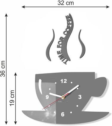 Настінний годинник FLEXISTYLE Time for Coffee для сучасної кухні, сірий, 3D римські цифри, декор для стін, 32 x 19 см