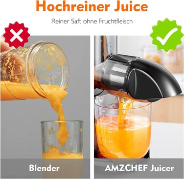 Переможець тесту овочів та фруктів AMZCHEF Juicer - Соковижималка Slow Juicer з функцією зворотного жування - Ніжне подрібнення без фільтрації - Електрична соковижималка зі щіткою та 2 чашками - Срібло