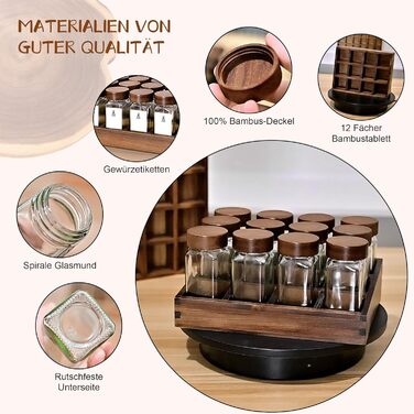 Елегантна підставка для спецій з дерева акації Дерев&39яна підставка для спецій 12 квадратних баночок для спецій об&39ємом 120 мл Етикетки для спецій Натуральний органайзер для спецій Підставка для спецій з банками, колір дерева акації - 12 баночок
