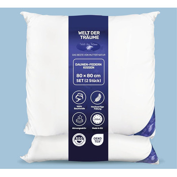 Комплект із 2 пухових подушок 3-камерні подушки 80x80 см Вага наповнювача 1600 грамів Чохол зі 100 бавовни Пухова подушка 80x80 Пухова подушка Не вищипує живих істот Білий