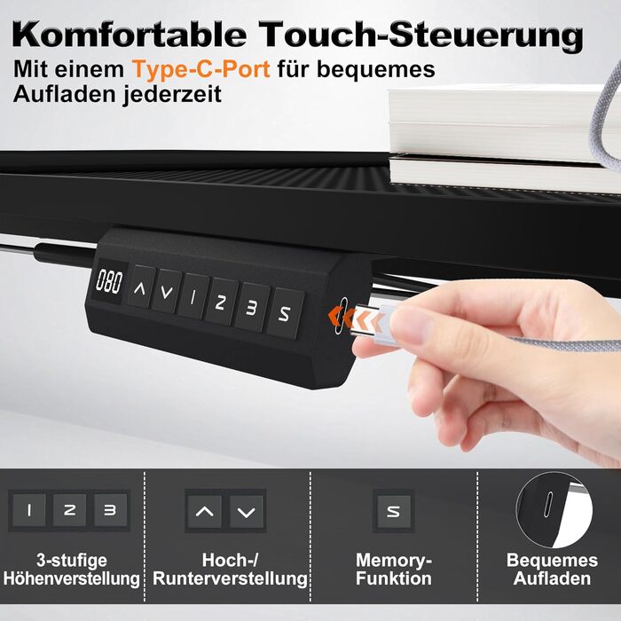 Стіл 140x60 см з електричним регулюванням висоти, карбонова поверхня та порт зарядки Type-C, ігровий стіл з функцією пам&39яті, робоча станція для ПК, стіл для роботи сидячи та стоячи, офісний стіл, чорний 140x60 см чорний