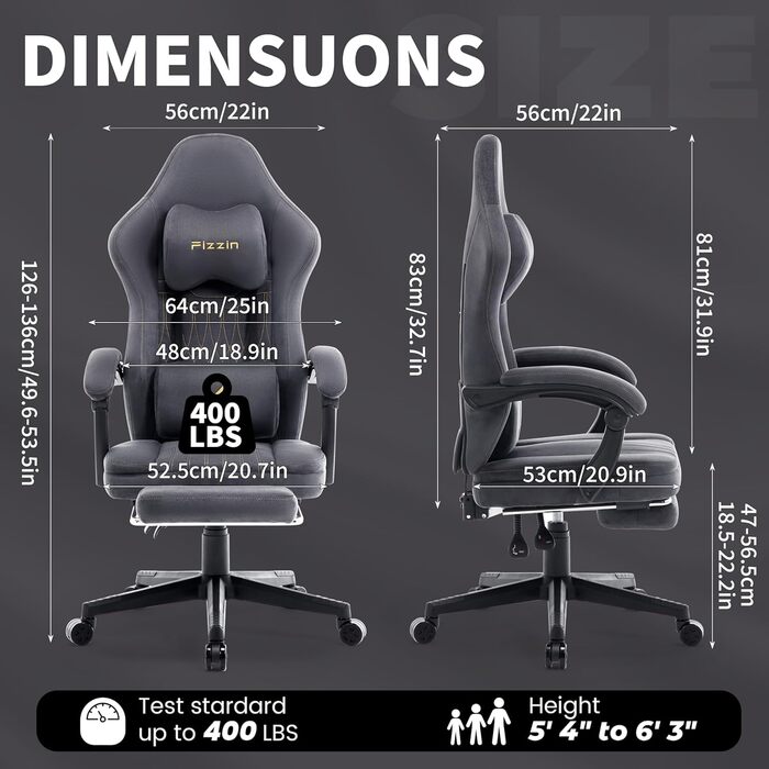 Ігрове крісло Fizzin, ергономічне ігрове крісло з висувною підставкою для ніг, регульованим підголівником, поперековою опорою
