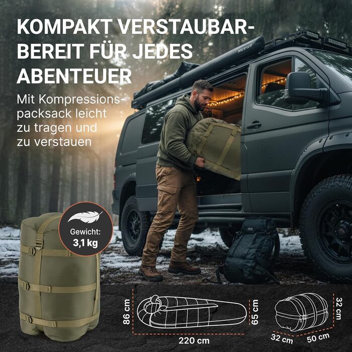 Спальник з підігрівом EXPLORER Protector 220 (3-етапний підігрів) XXL Зимовий спальник 220x80 см Надзвичайно теплий до -32,9C (450 г/м) BW Military Bivouac оливково-зелений для кемпінгу, риболовлі та виживання