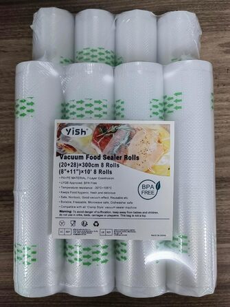 Вакуумні пакувальні пакети YISH Вакуумна плівка Вакуумні пакети Рулони харчової вакуумної плівки вакуумний мішок для рулонів плівки Sous Vide для вакуумного пакувальника 8 рулонів 20/28x300 см плівки, без BPA