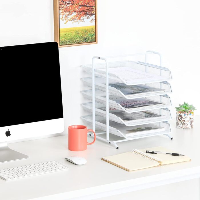 Металевий офісний органайзер EasyPAG A4 з 5 відділеннями, тримач для документів, лоток для файлів, тримач для журналів, лоток для листів, органайзер для паперових журналів, білий, 35,5 x 29,5 x 37,5 см