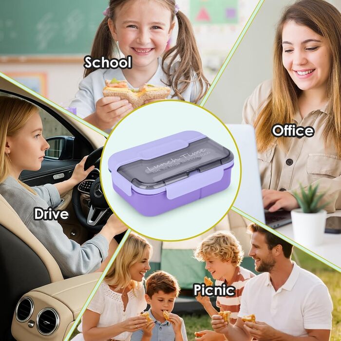 Ланчбокс для дорослих, 1450 мл, стильний контейнер для обіду з ложкою та виделкою, зручний для транспортування, обідній бокс з 3 відділеннями, без BPA, герметичний, ідеально підходить для їжі (ліловий)
