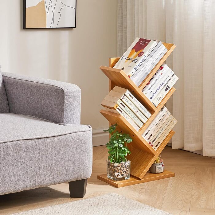 Книжкова полиця YMYNY у формі дерева, 4-рівнева перегородка для кімнати, сучасна дерев&39яна полиця для книг/фільмів/компакт-дисків, вузька підставка для спальні, домашнього офісу, натуральний колір HBC014N 60 см 4 яруси натурального кольору