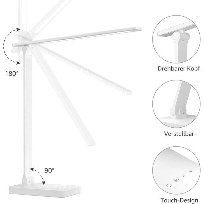 Настільна лампа Lepro, Світлодіодна настільна лампа з регулюванням яскравості, Приліжкова лампа 800LM 3 кольори та 5 рівнів яскравості, Лампа денного світла Захист очей, Настільна лампа, Настільна лампа для дітей, Офіс, Білий