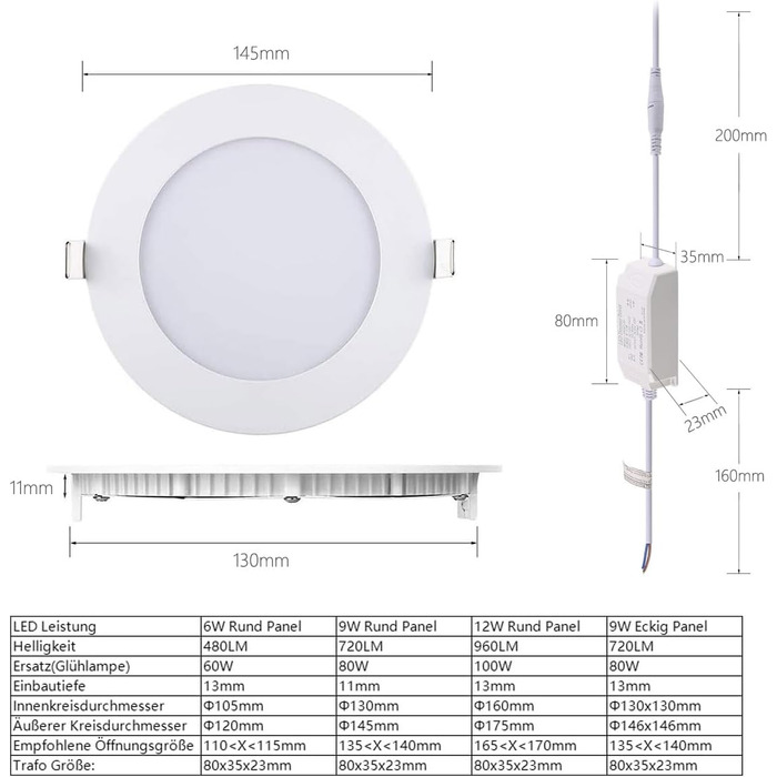 Світлодіодні вбудовувані точкові світильники Greenclick 5 шт. 230В, 9Вт 720LM Стельові точкові світильники з регулюванням яскравості, 11мм ультраплоскі вбудовувані світильники з трансформатором IP44 Світлодіодні точкові світильники для ванної, кухні, віта