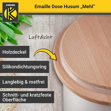 Емальована бляшанка KRGER Husum Flour 1,6 літра - Коробка для зберігання, стійка до порізів та подряпин, з кришкою - Силіконове ущільнювальне кільце для герметичного закриття - Можна мити в посудомийній машині &quotFlour&quot - 1,6 літра