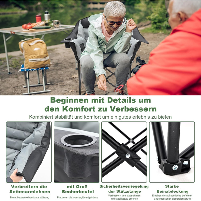 Складане кемпінгове крісло вантажопідйомність 200 кг з подушкою сидіння 6 см - Велике складне рибальське крісло для кемпінгу, саду та фестивалів - Міцне кемпінгове крісло з боковими кишенями та сумкою для перенесення Чорнесіре стандартне кемпінгове крісло