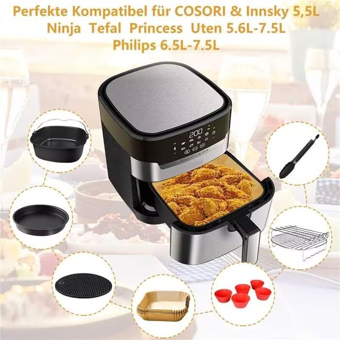 Набір аксесуарів для фритюрниці з 11 предметів, аксесуари для квадратної фритюрниці без бісфенолу А XXL сумісні з Philips Airfryer XXL 7.2 л, 8.3 л, COSORI 5.5 л, Tefal 6.5 л, Cecotec 6L Air Fryer