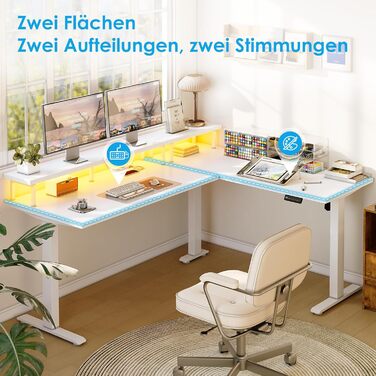 Стіл OffiGo з регульованою висотою, кутовий стіл 150x120 см з кріпленням для монітора, електричний L-подібний стіл з розетками, комп&39ютерний стіл зі світлодіодною стрічкою для офісу, білий