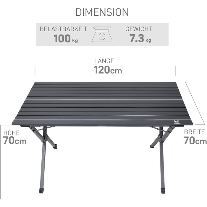 Складаний кемпінговий стіл EVER ADVANCED, алюміній, 120x70 см, вантажопідйомність 100 кг, зсувна стільниця для 4-6 осіб, складаний стіл із сумкою для перенесення для кемпінгу, пікніків, саду, балкону, темно-сірий
