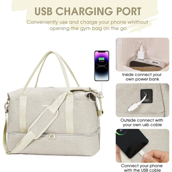 Сумка для ручної поклажі WANDF для авіакомпаній Easyjet 45 x 36 x 20 см, дорожня сумка під сидінням із портом зарядки USB, кишенею для вологи та відділенням для взуття, сумка на вихідні для чоловіків та жінок (бежевий)