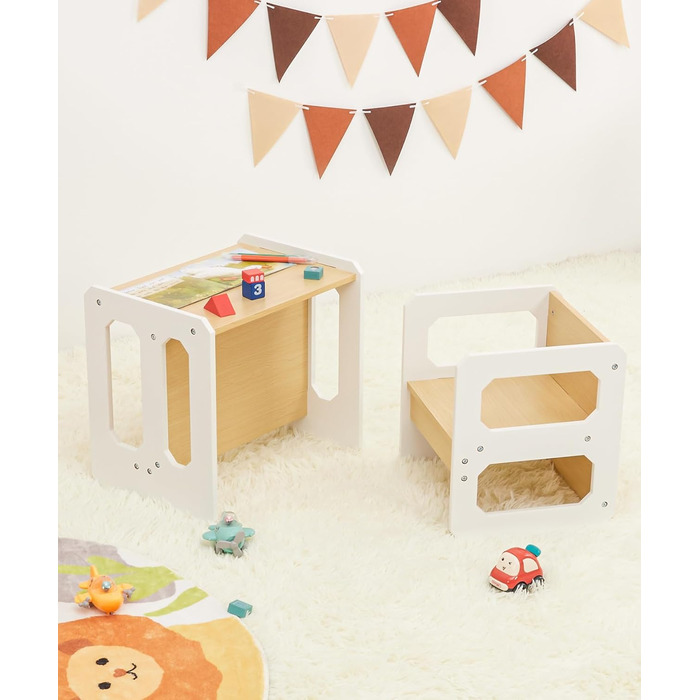 Комплект столу та стільців Yorbay для дітей, Дитячий стіл з 1 стільцем, Комплект дитячих сидінь 3-в-1 - Двосторонній стілець та дитяча лавка, що трансформується в робочу станцію, Дитячі меблі (Натуральний, M) Натуральний середній